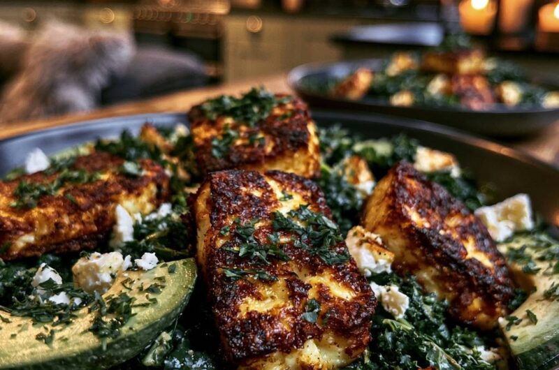 Goldbraun gebratener Halloumi auf Grünkohl-Avocado-Salat