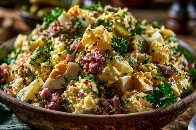 Klassischer Kartoffelsalat mit Ei und Schinken