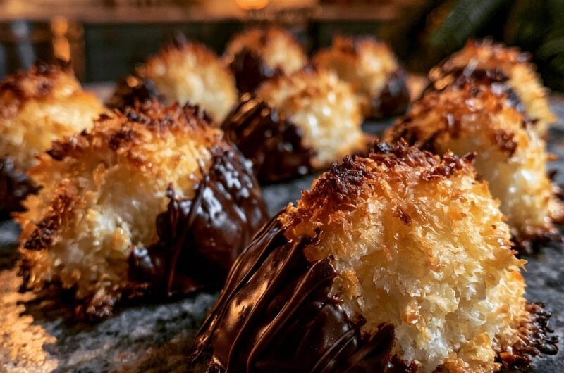Saftige Kokosmakronen mit Schokoguss