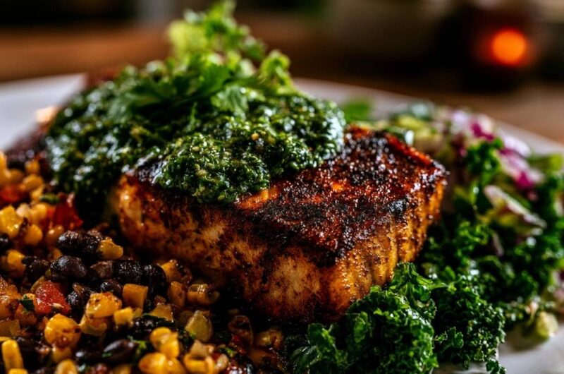 Würziges Fischfilet mit Chimichurri und geröstetem Mais-Bohnen-Salat