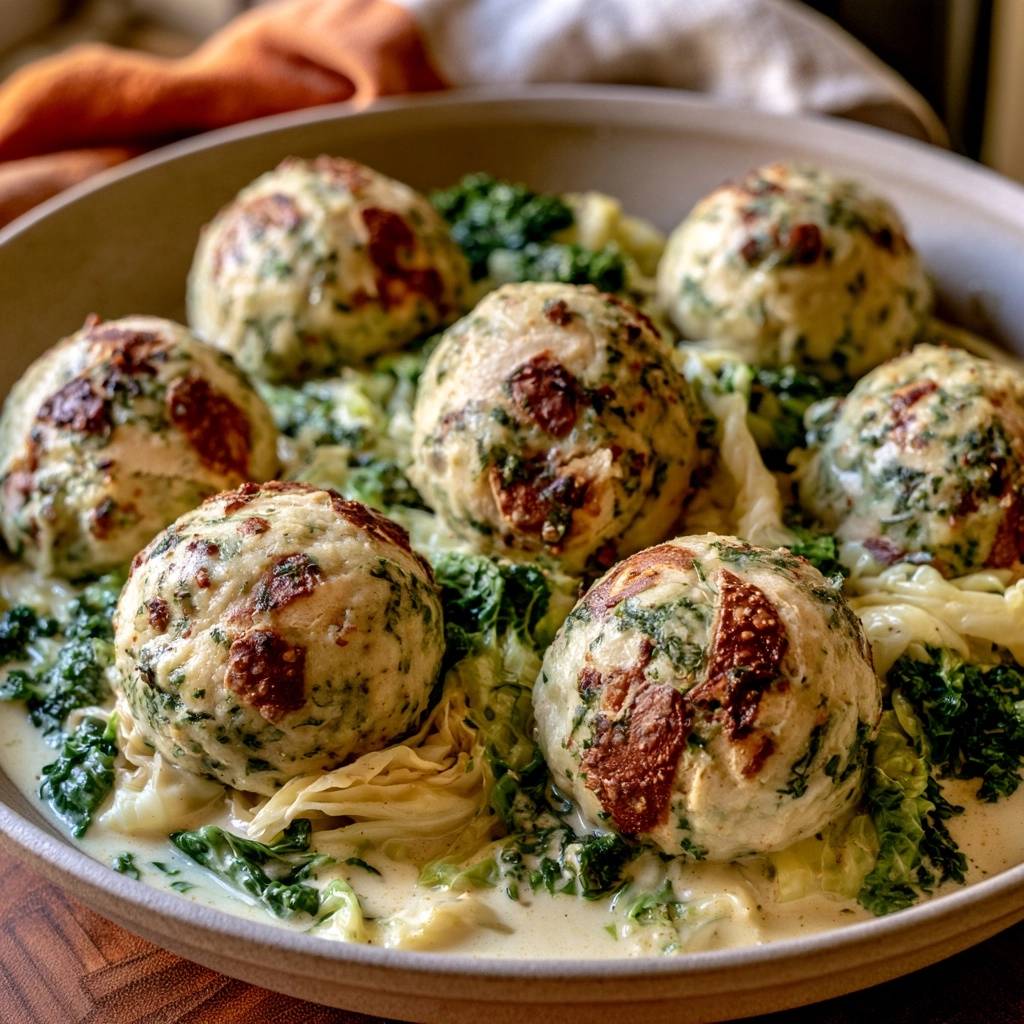 Brezelknödel auf cremigem Rahmwirsing mit Kürbis
