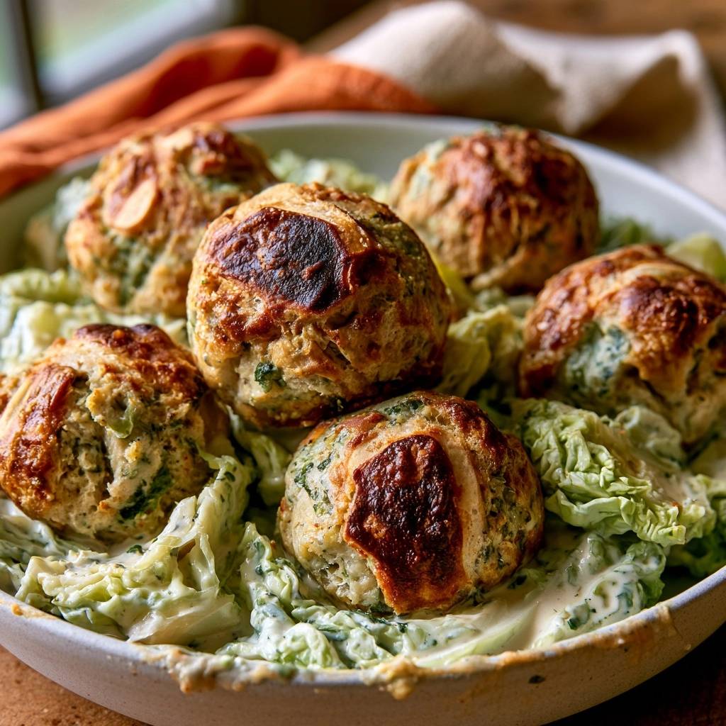 Brezelknödel auf cremigem Rahmwirsing mit Kürbis