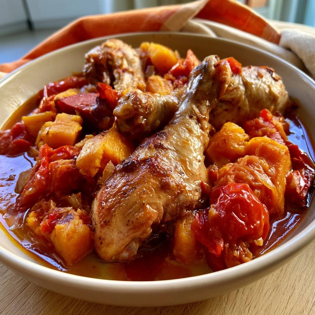 Geschmorte Hähnchenkeulen mit Kürbis und Tomaten