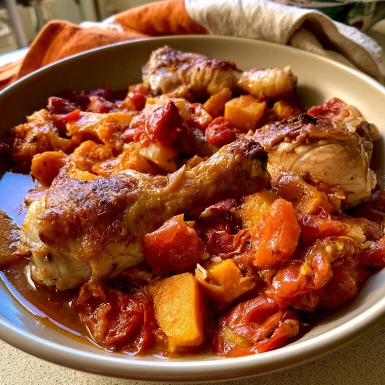 Geschmorte Hähnchenkeulen mit Kürbis und Tomaten