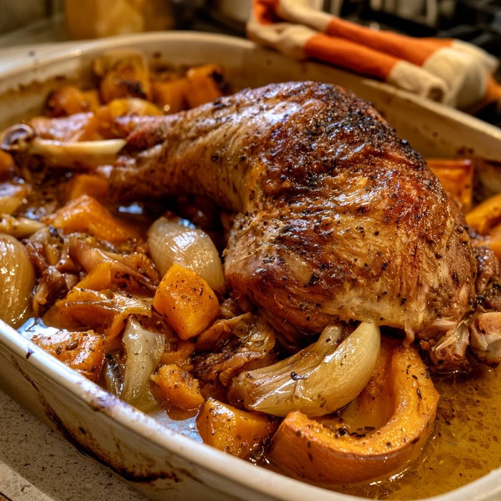 Geschmorte Putenkeule mit Kürbis und Zwiebeln
