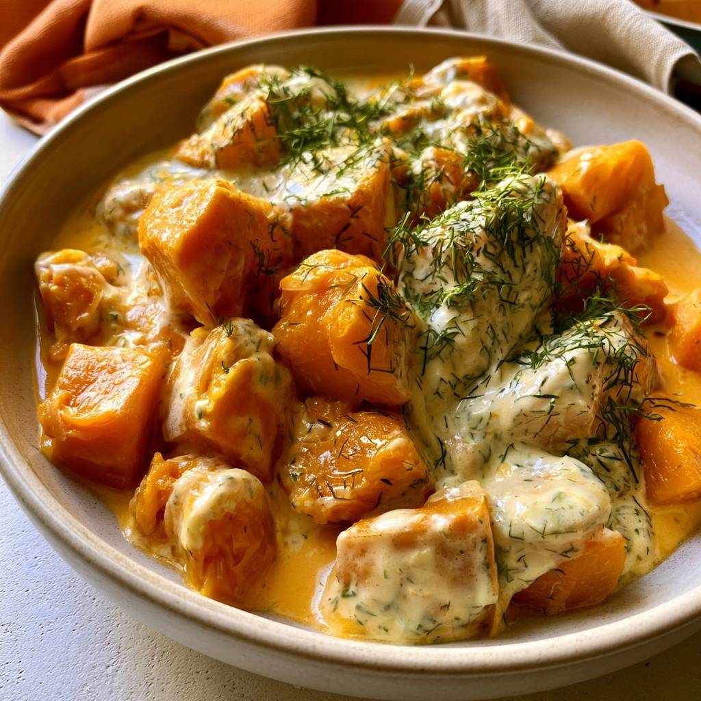 Geschmorter Kürbis mit Dill und Schmand