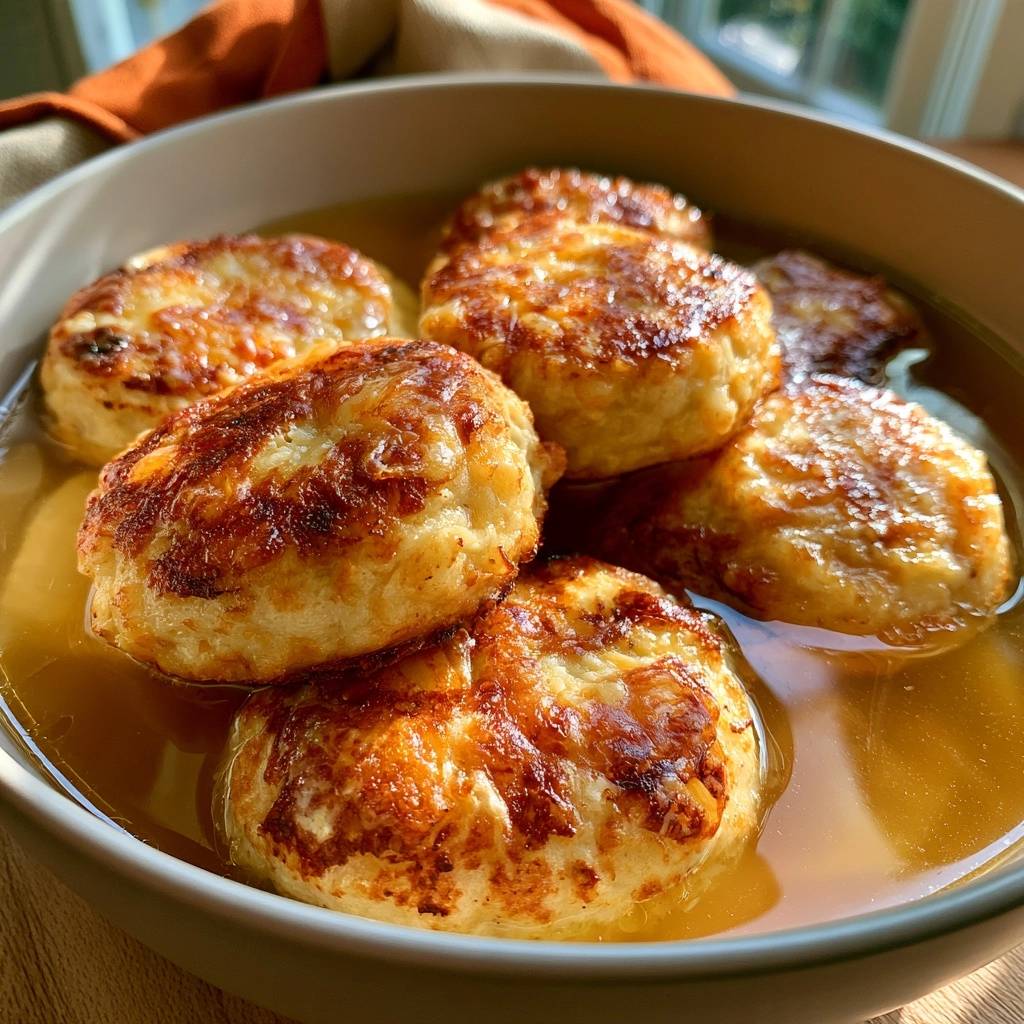 Goldbraune Kürbis-Kaspressknödel in Gemüsebrühe