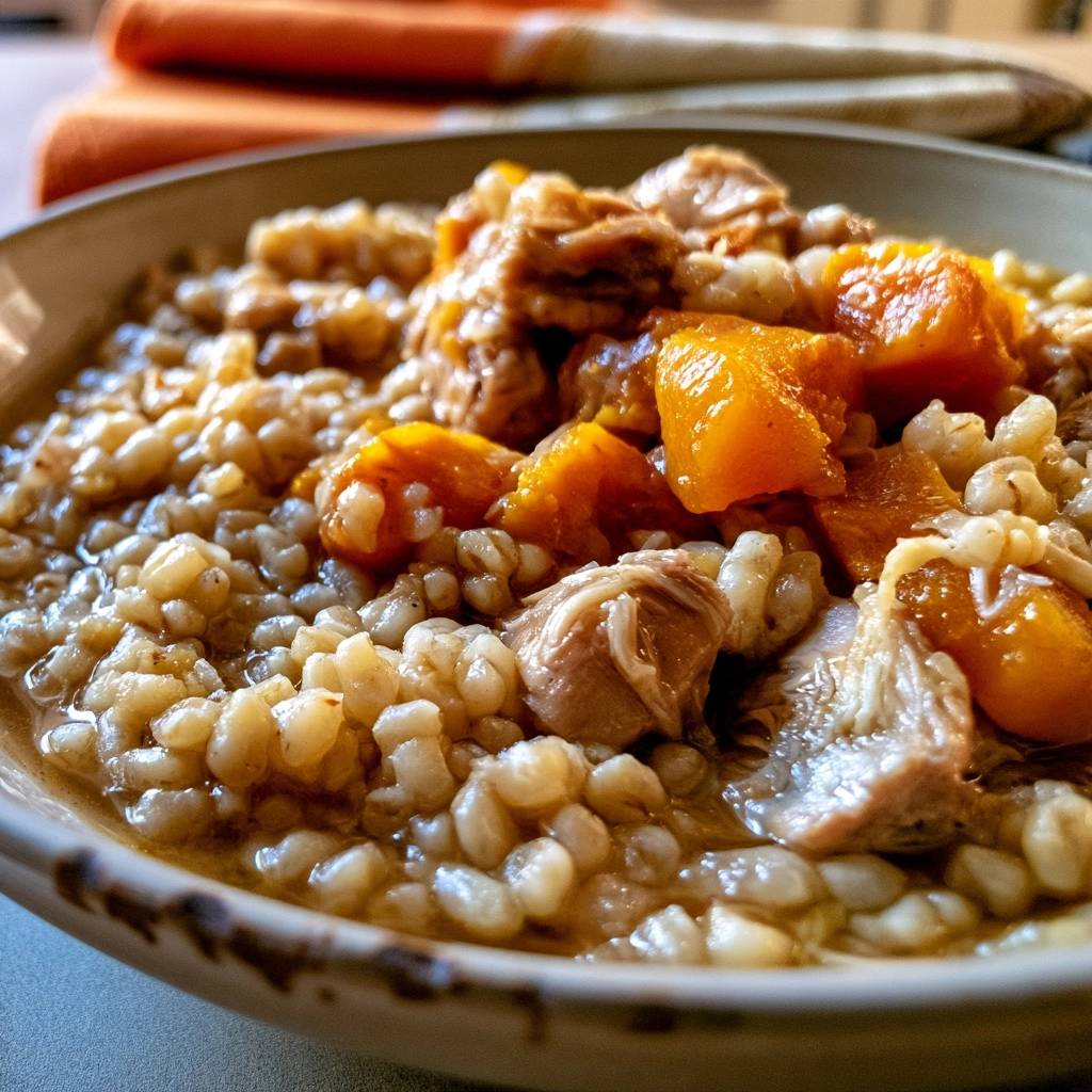 Graupeneintopf mit Kürbis und Hähnchen