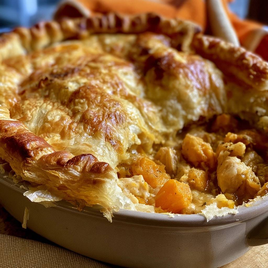 Hähnchen-Kürbis-Pastete mit Blätterteigdeckel