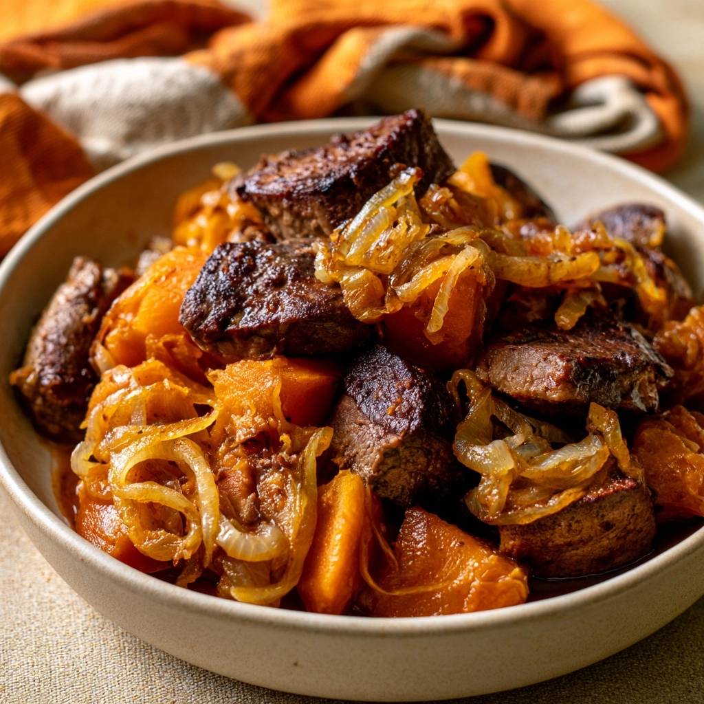Hähnchenleber mit Kürbis und Zwiebeln