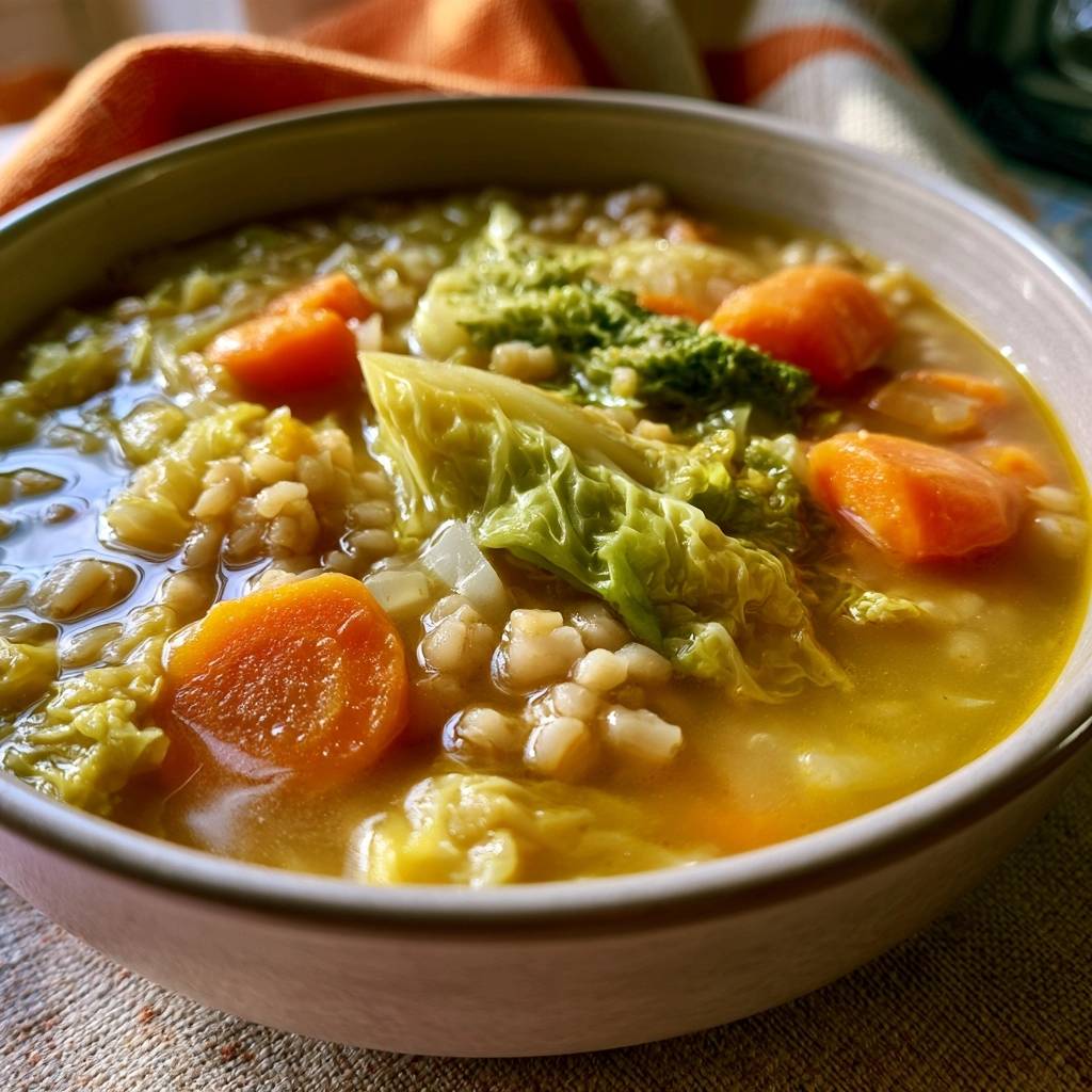 Herzhafte Wirsing-Graupen-Suppe mit Möhren und Kürbis