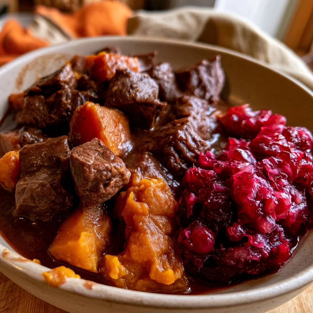 Hirschgulasch mit Kürbis und Preiselbeeren
