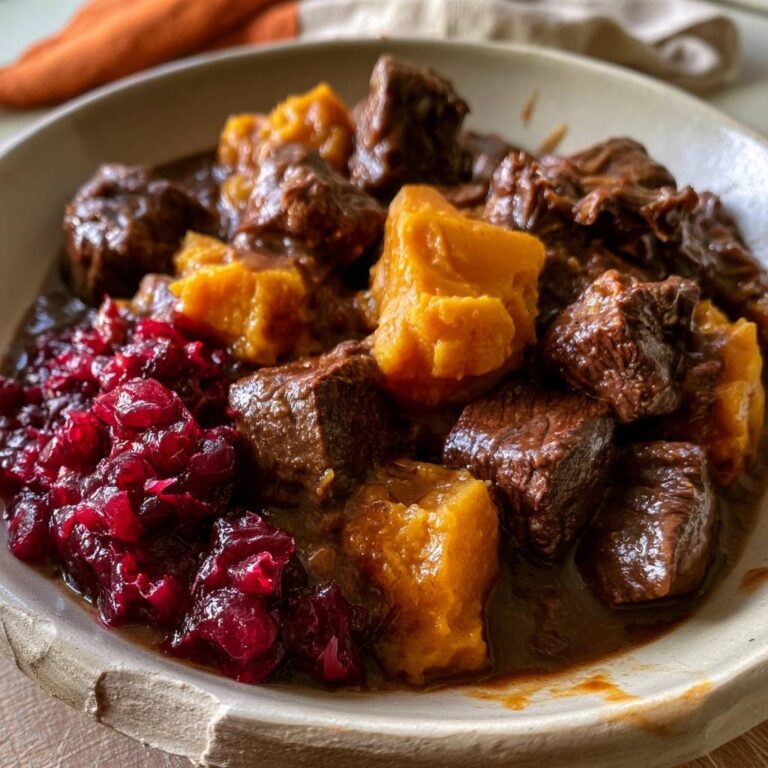 Hirschgulasch mit Kürbis und Preiselbeeren