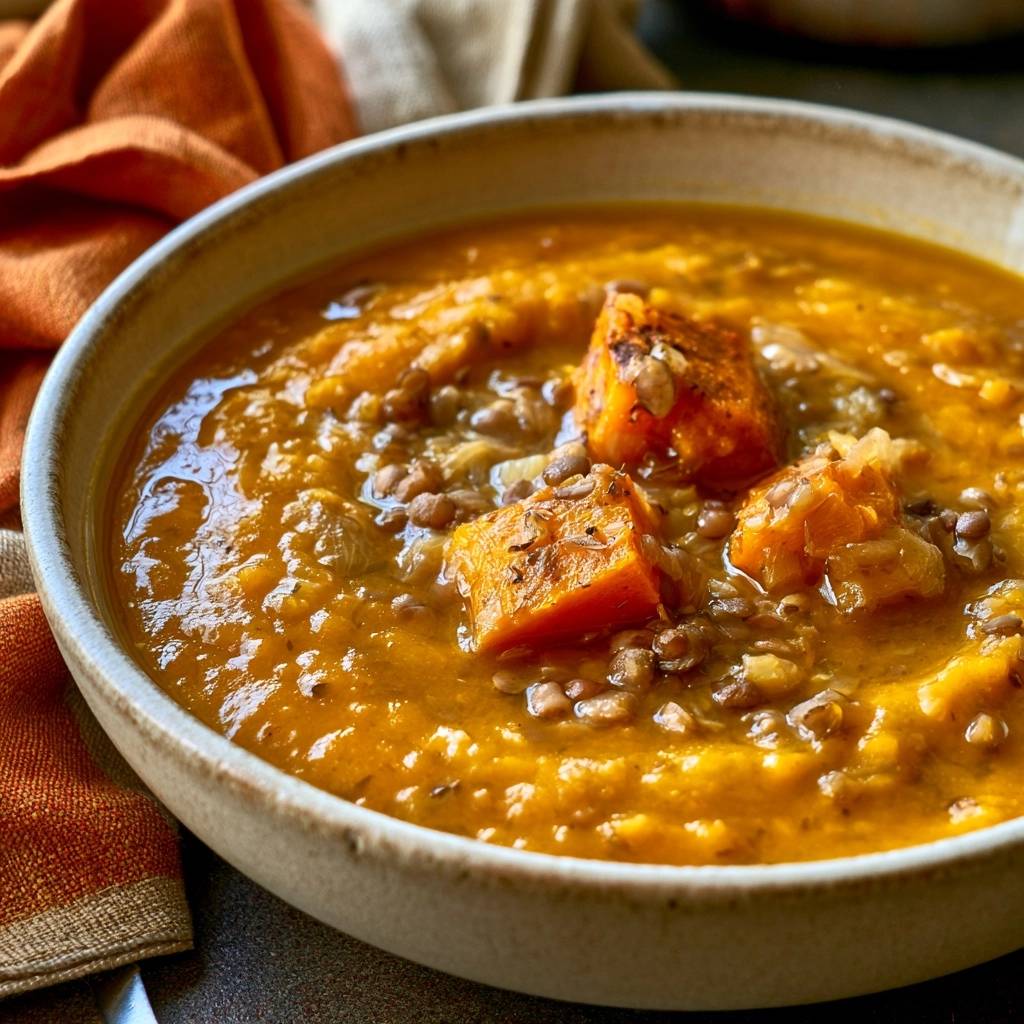 Hokkaido-Kürbissuppe mit roten Linsen