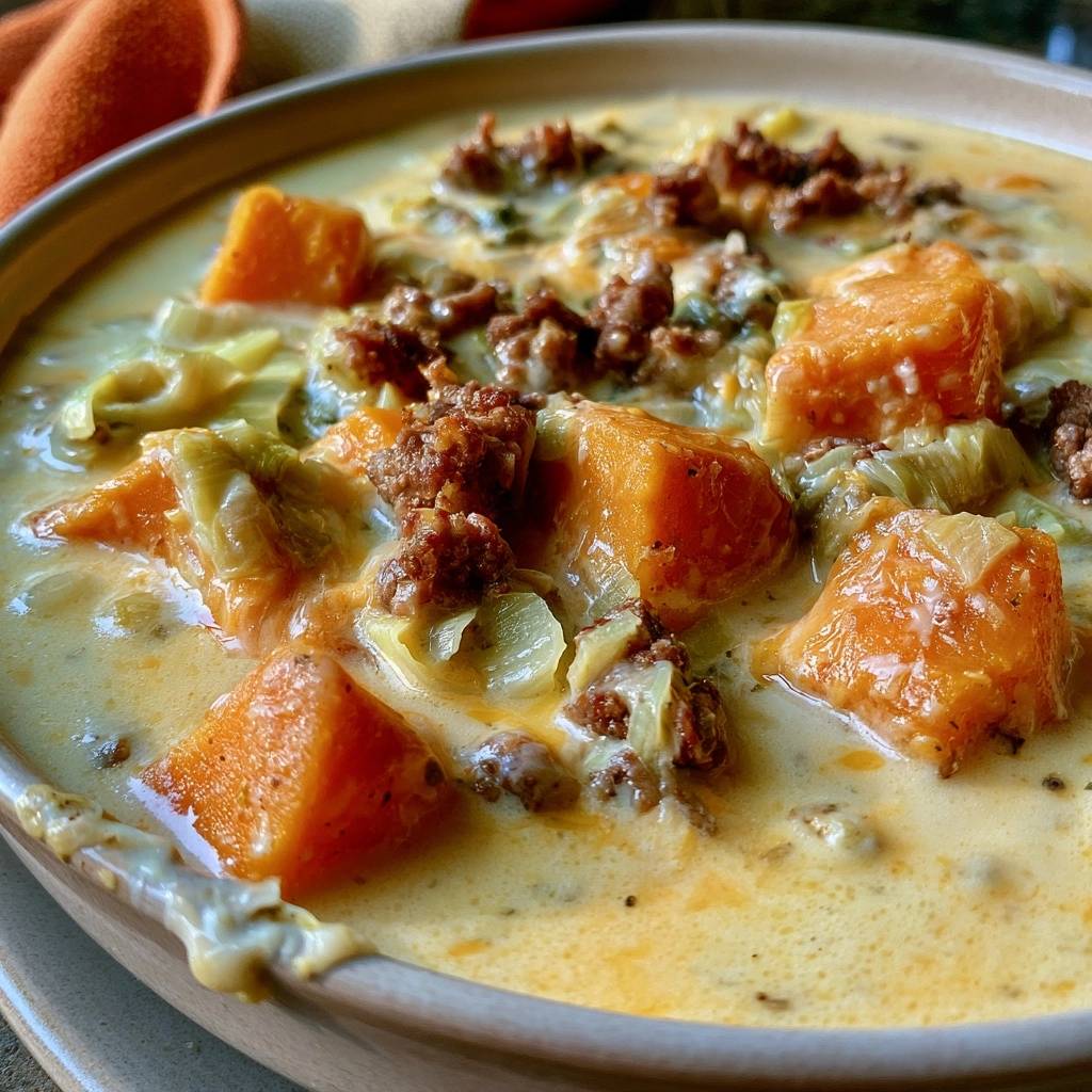 Käse-Lauch-Suppe mit Kürbis und Rinderhack