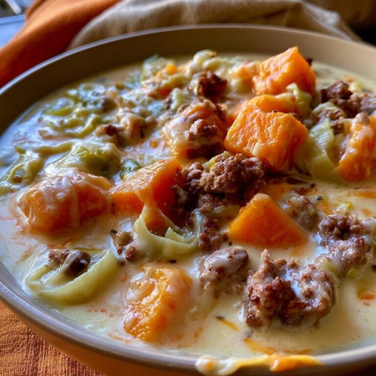 Käse-Lauch-Suppe mit Kürbis und Rinderhack
