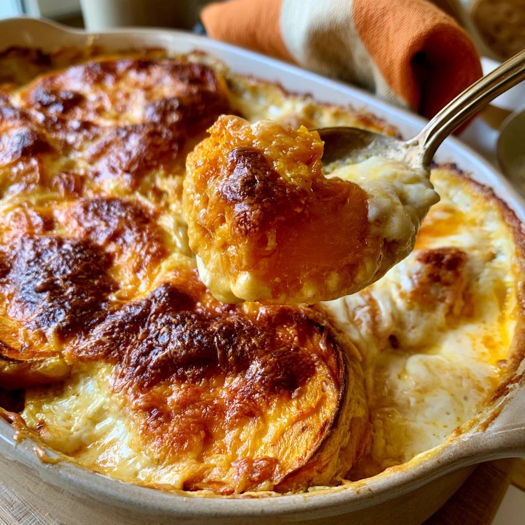 Kürbis-Kartoffel-Gratin mit Sahne und Bergkäse