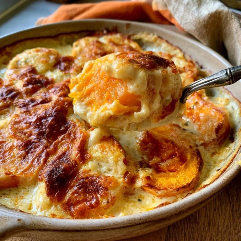 Kürbis-Kartoffel-Gratin mit Sahne und Bergkäse