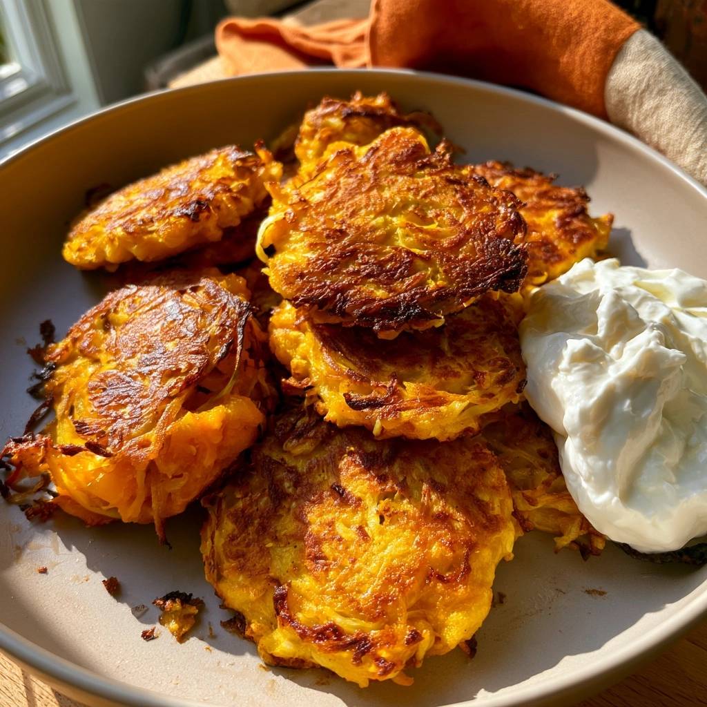 Kürbis-Lauch-Puffer mit saurer Sahne