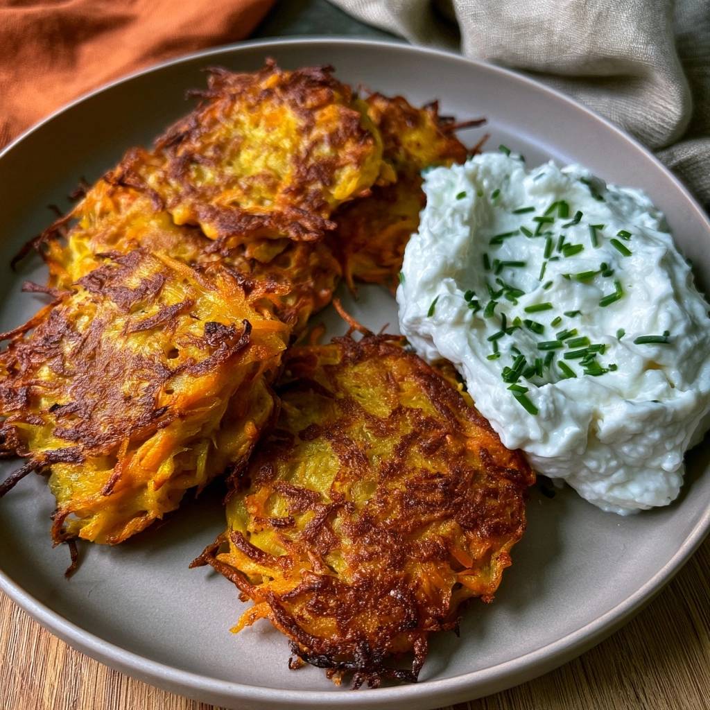 Kürbis-Möhren-Puffer mit Schnittlauchquark