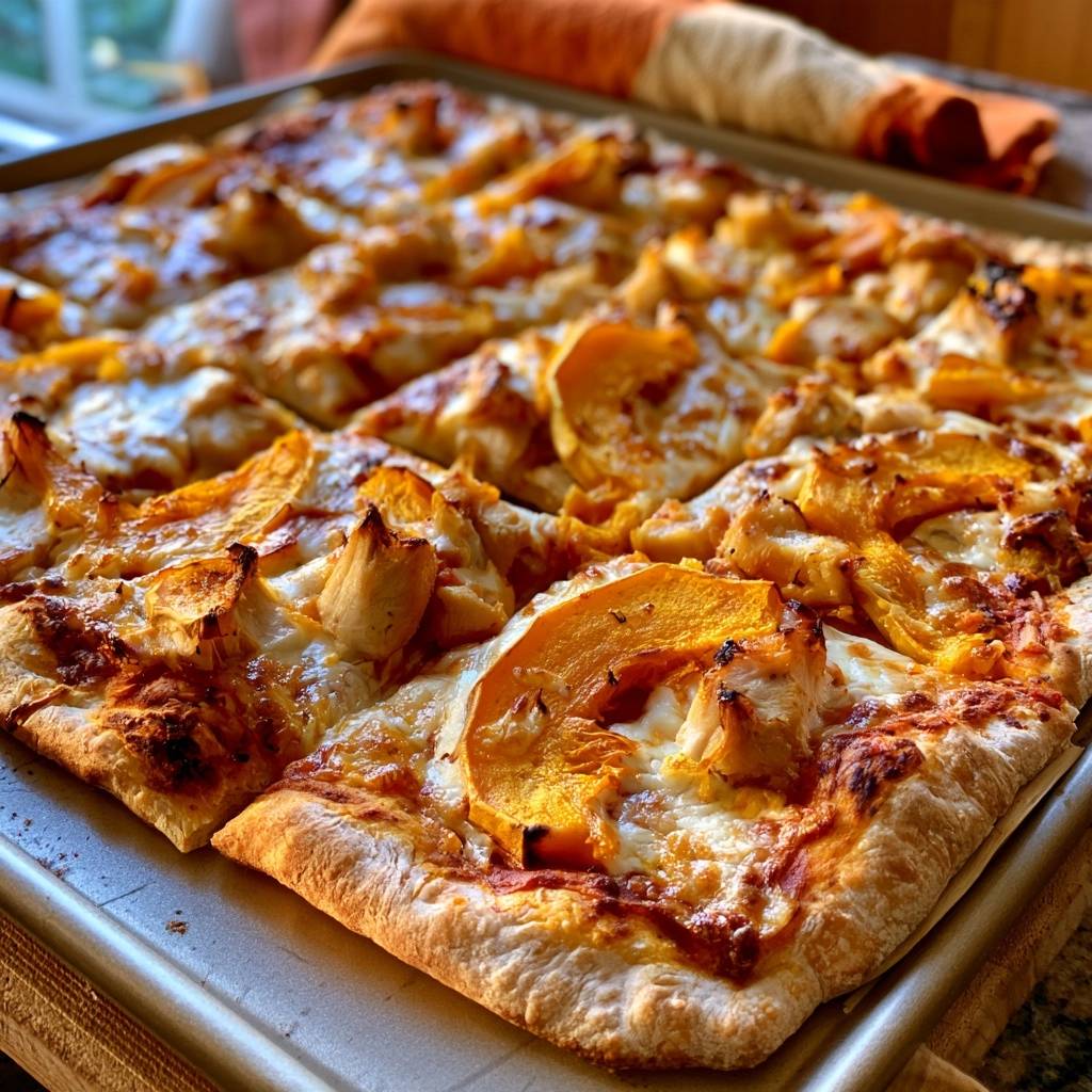 Kürbis-Pizza mit Hähnchen vom Blech