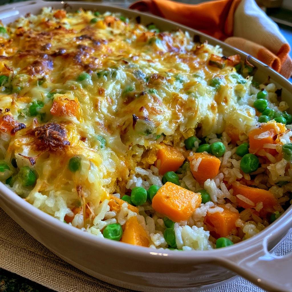 Kürbis-Reis-Auflauf mit Erbsen und Käse