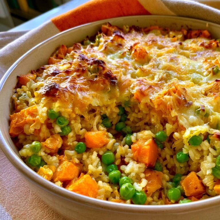 Kürbis-Reis-Auflauf mit Erbsen und Käse