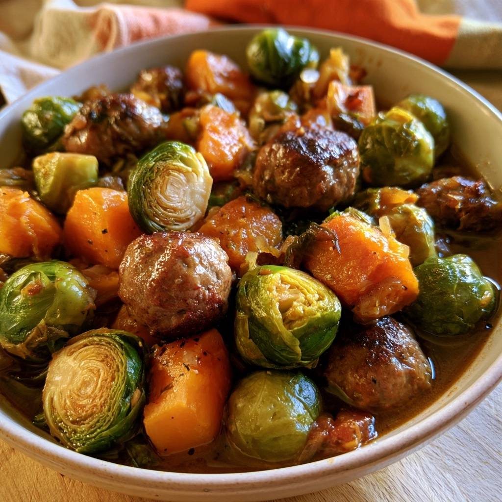 Kürbis-Rosenkohl-Eintopf mit Rinderhackbällchen
