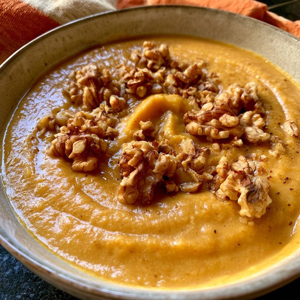 Kürbis-Sellerie-Cremesuppe mit Walnüssen