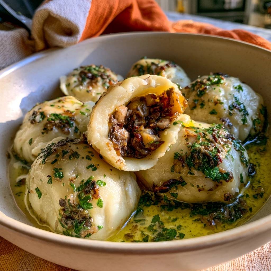 Pilzgefüllte Kartoffelklöße mit Petersilienbutter
