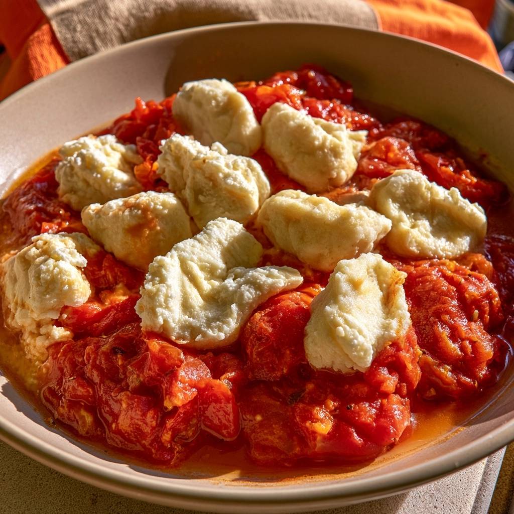 Ricotta-Grieß-Nocken auf geschmorten Tomaten mit Kürbis