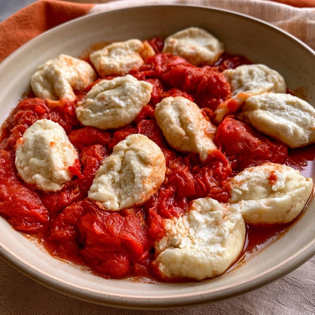 Ricotta-Grieß-Nocken auf geschmorten Tomaten und Kürbis