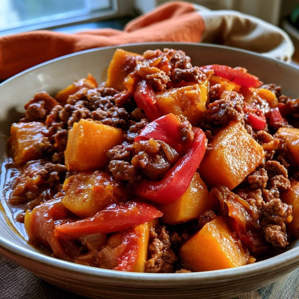 Rinderhack-Gulasch mit Kürbis und Paprika