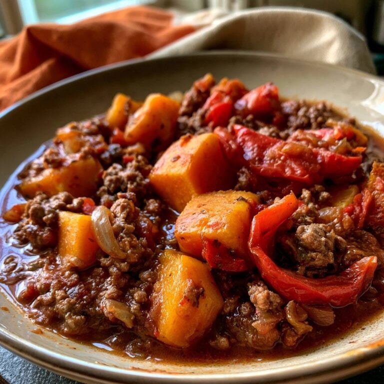 Rinderhack-Gulasch mit Kürbis und Paprika
