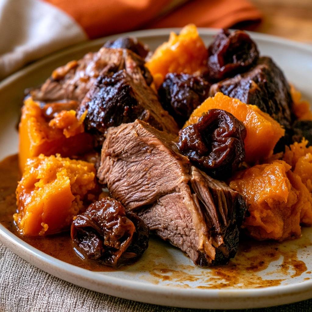 Rinderschmorbraten mit Kürbis und Backpflaumen