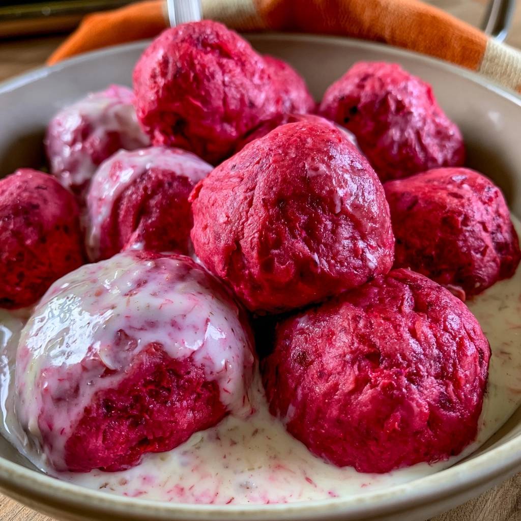 Rote-Bete-Kürbis-Knödel mit Meerrettichsoße