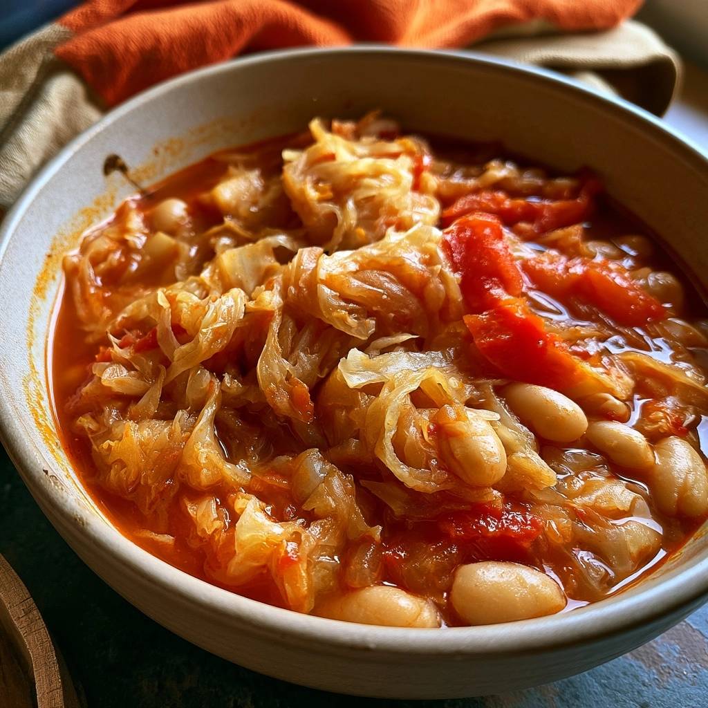 Sauerkraut-Bohnensuppe mit Paprika und Kürbis