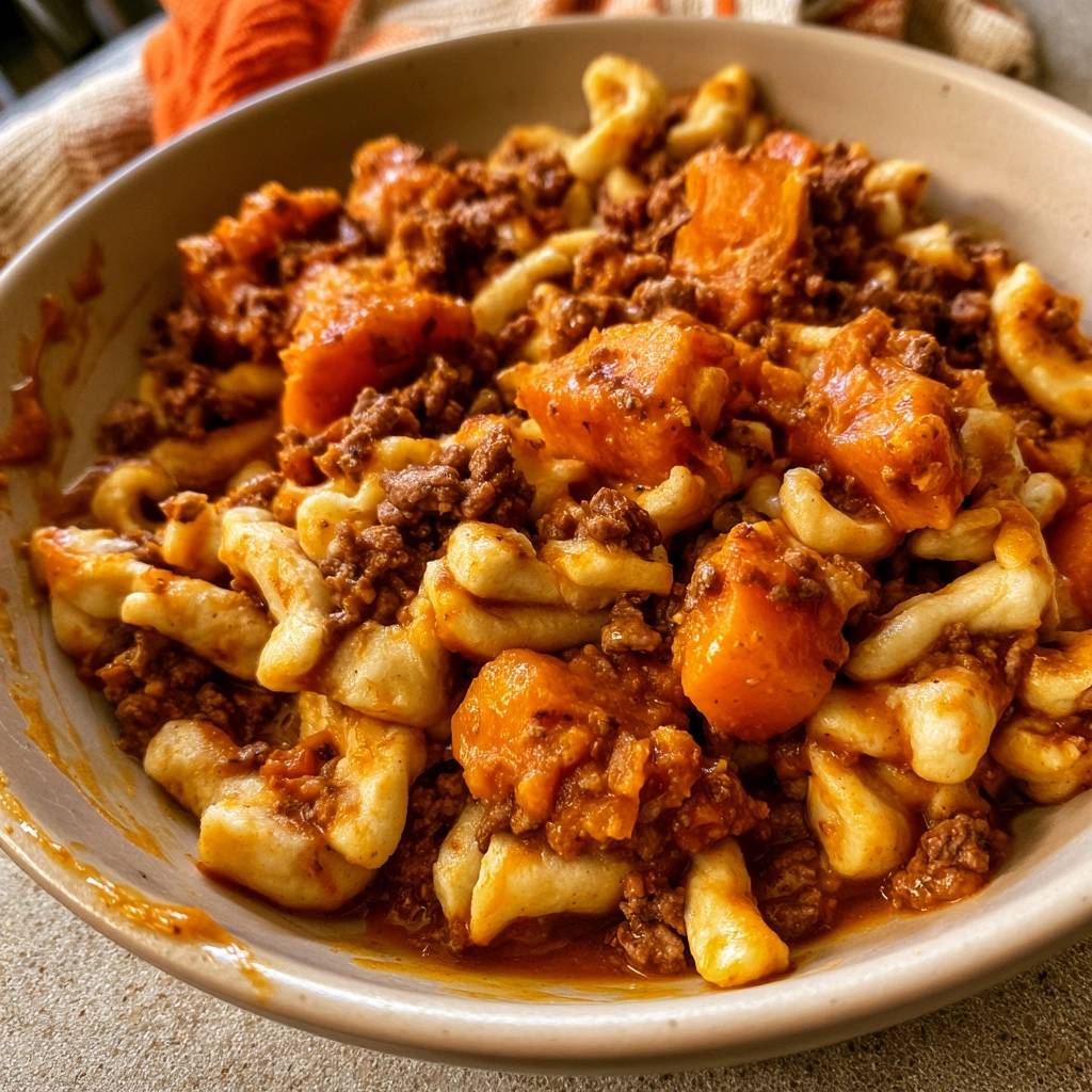 Spätzle mit Kürbis-Rinderhack-Soße