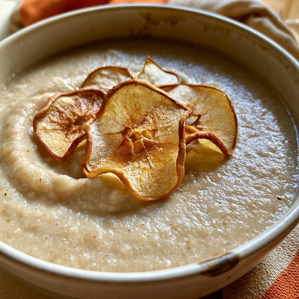 Topinambur-Kürbissuppe mit knusprigen Apfelchips